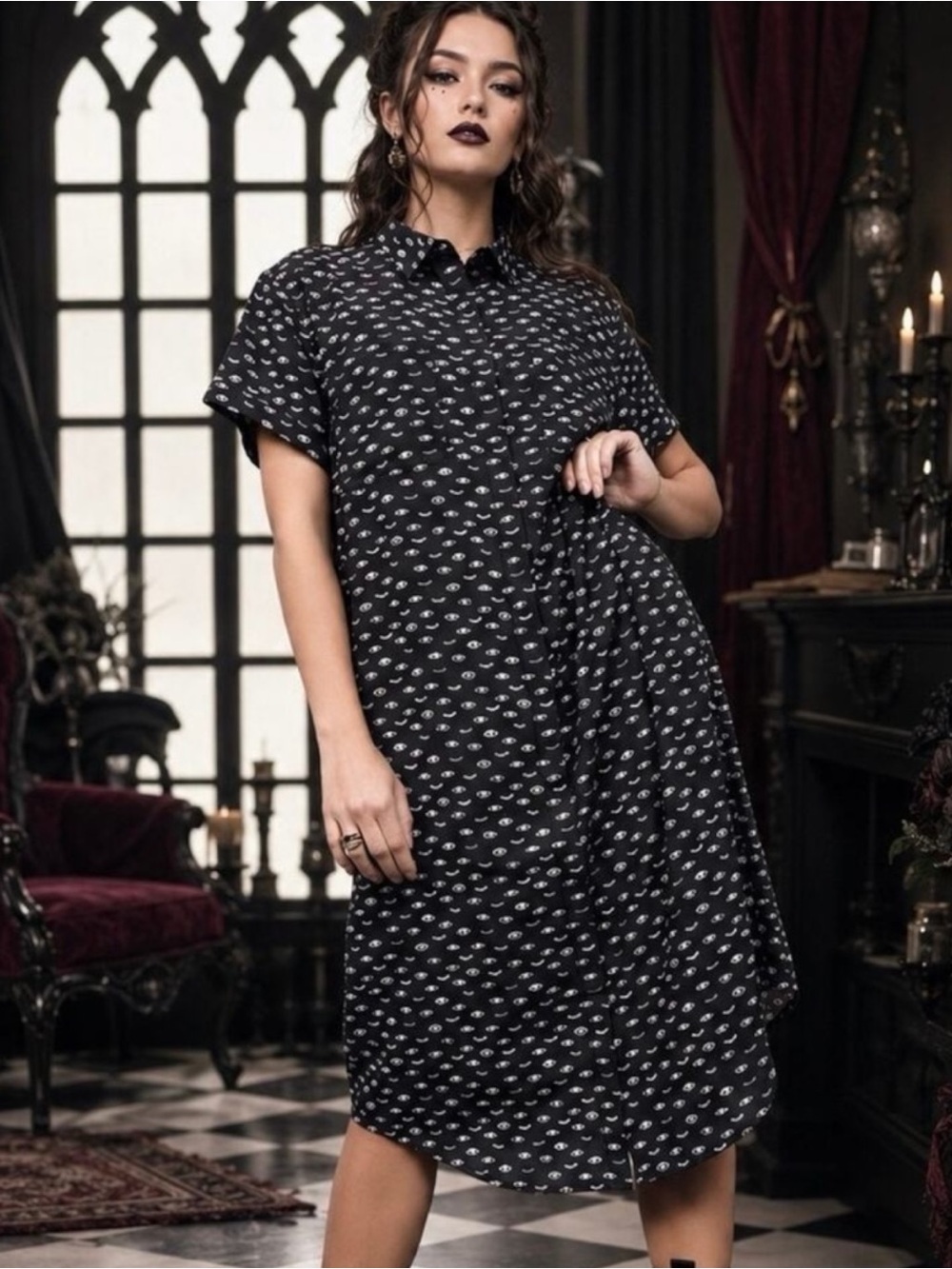 WILDFANG Empower Shirt Dress Midi Oversized Eye Print Women’s Size Medium